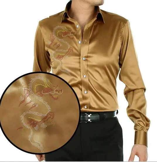 

Loldeal Grey chinese dragon printing men's silk shirt casual men long sleeve summer wedding dress shirt party shirt