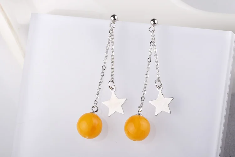 100% Sterling-Silver Color  Dangle Earrings Inlaid 6MM-10MM Wax Amber Earrings for Women Fine Jewelry Setting