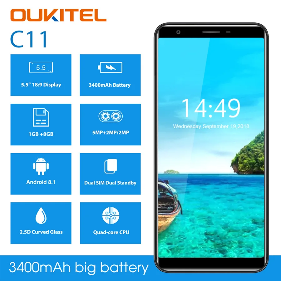 Oukitel C11 5 &quotHD 18:9 Android 8 1 ГБ Оперативная память Встроенная смартфон MTK6580A 4 ядра 5MP +