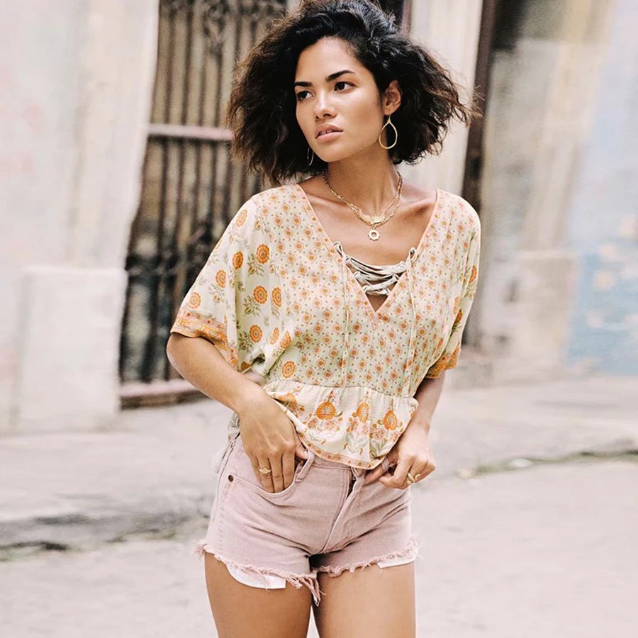 Блузка TEELYNN boho Женская летняя блузка с коротким рукавом и цветочным принтом