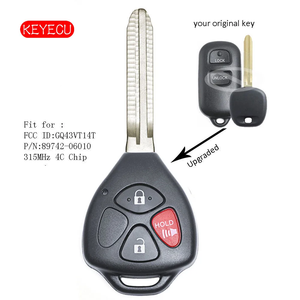 Keyecu обновленный дистанционный ключ Fob 315 МГц 4C Чип 4 кнопки для Toyota Camry Corolla Sienna Echo