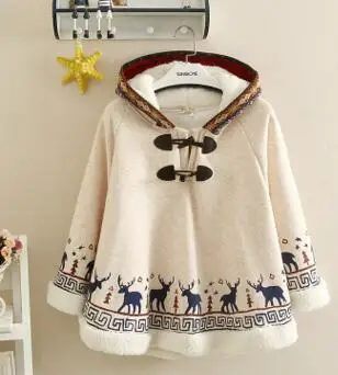 thick beige grey Японская Мори девушка с капюшоном плащ куртка Лолита мультфильм олень женщины рукав летучая мышь Свободная куртка Лолита утолщенная флисовая куртка пальто - Цвет: thick beige grey