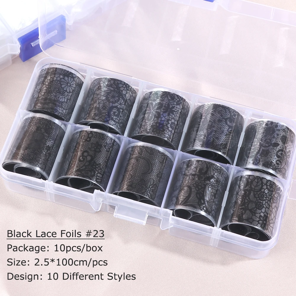 10pcs/set Black White Lace Foil For Nails Mixed Flowers Nail Art Stickers Transfer Starry Paper Adhesive Manicure Decals TR1017