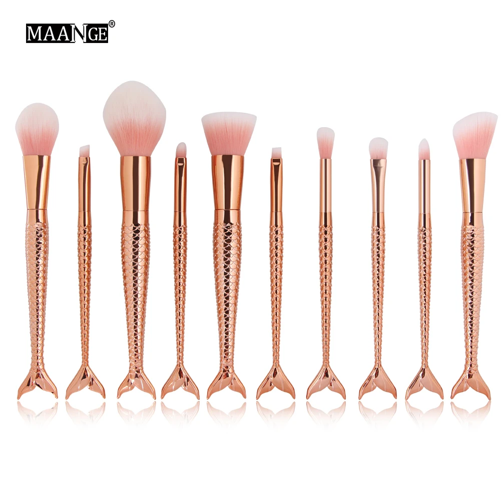 MAANGE 10PCS Mermaid Makeup Brushes Kit Eyebrow Eyeliner Blush Eye Shadow Contour Foundation Brush Set Cosmetic Make Up Tools | Красота и