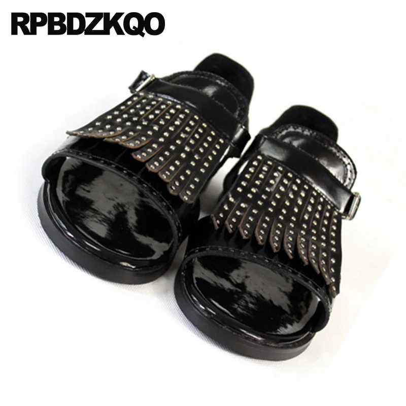 Японский шпилька заклепка Настоящая кожа размер 45 роскошь черный Runway сандалии