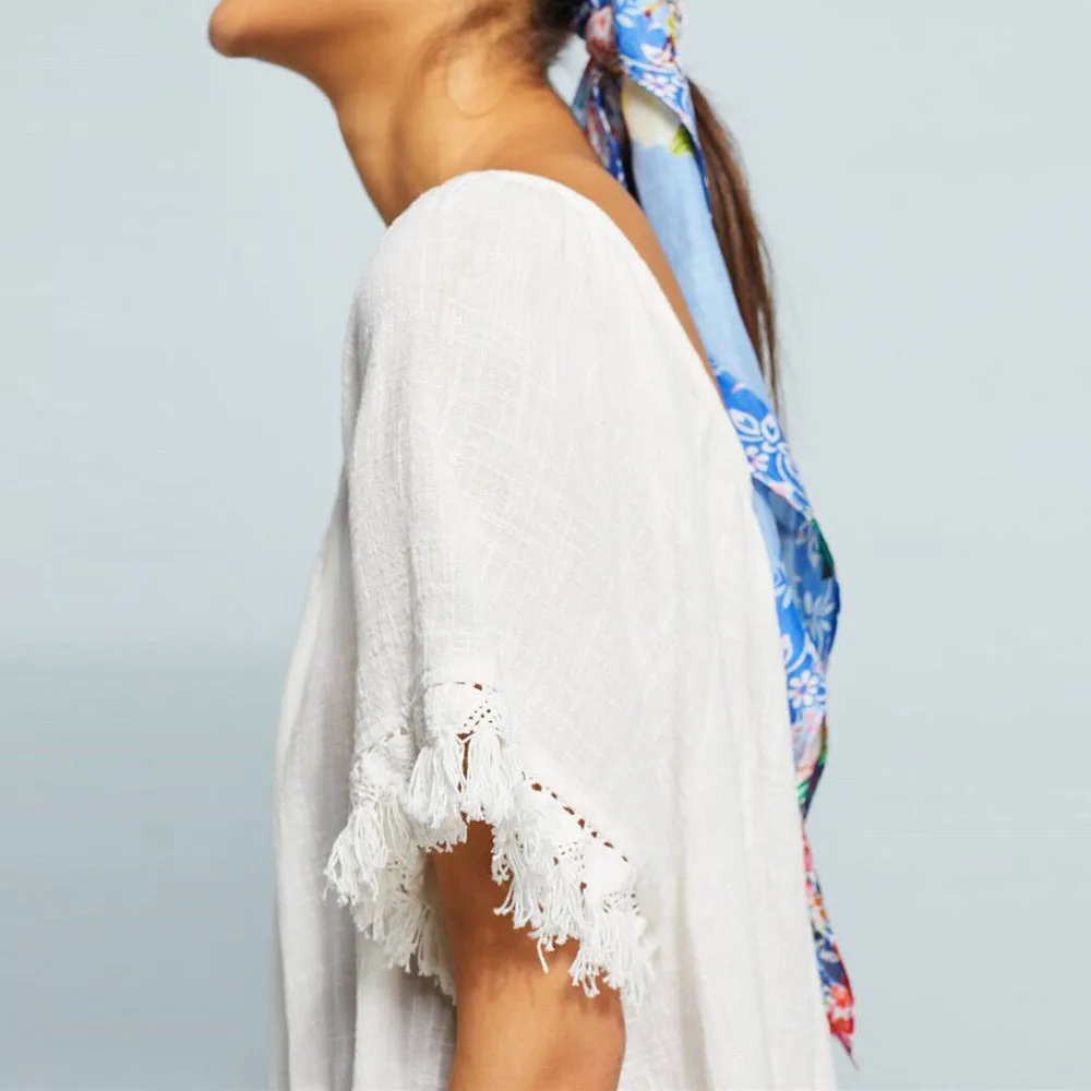 Women Summer Tassels Sloid Bikini Cover Up Ruffle Beach Dress Swimsuit Kaftan Beach Tunics Pareos Cape Smock Robe De Plage