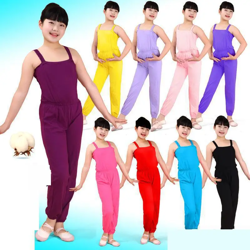 

Girls Kids Latin Ballet Leotard Jumpsuit Children Cotton Gymnastic Suspenders Pants Black Purple Ballet Dance Costumes Dancewear