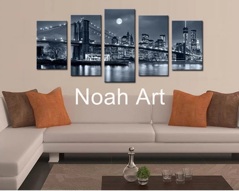 Черно-белые принты Бруклинский мост на Манхэттене Ночной пейзаж холст настенные