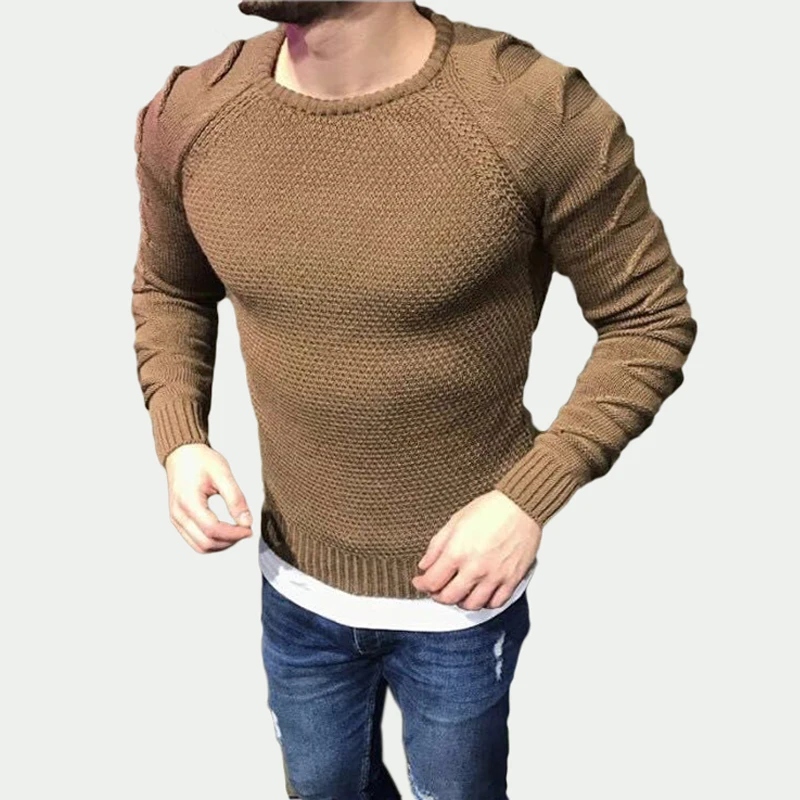 Fashion Winter Autumn Sweater Men Pullover Slim Fit Solid Color Knitted Hole Long Sleeve Jumper Male Elastic Basic Tops | Мужская одежда