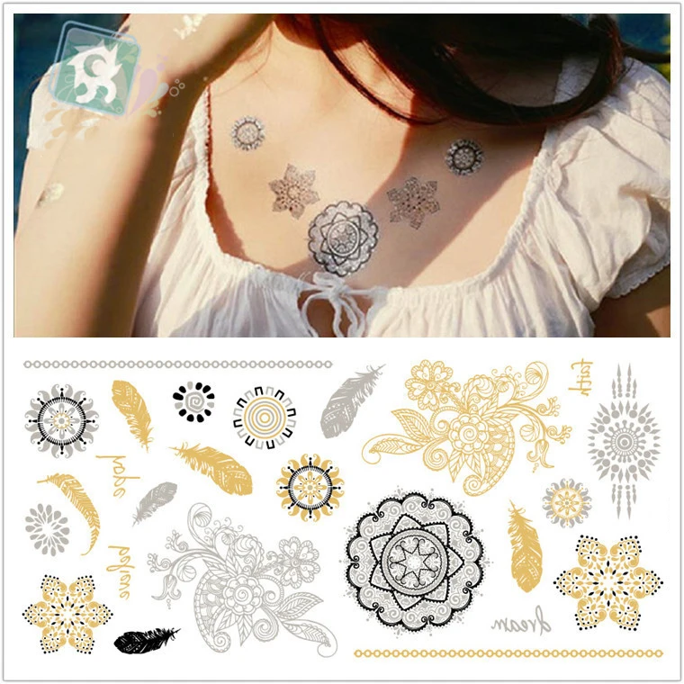 

Waterproof Temporary gold tattoo Sticker mehndi mandala sliver metallic stickers flash tatoo fake tattoos