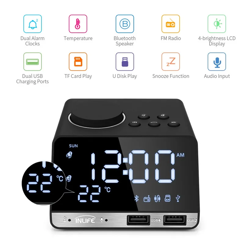Цифровой будильник, fm-радио, Bluetooth, динамик, большая вилка стандарта ЕС, 2 usb-порта, светодиодный, ночной, настольный, будильник, часы для дома, Повтор
