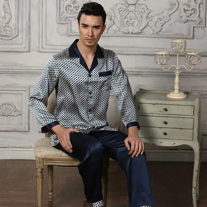 Sexy Genuine Silk Men's Pajamas 100% Silkworm Silk Sleepwear Male Fashion Printed Long-Sleeve Pyjama Pants Two-Piece Sets 51233