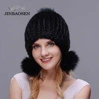 jinbaosen womens fur hats knitted real mink fur pom poms beanies fashion thick warm in winter caps with 3 fox fur balls new