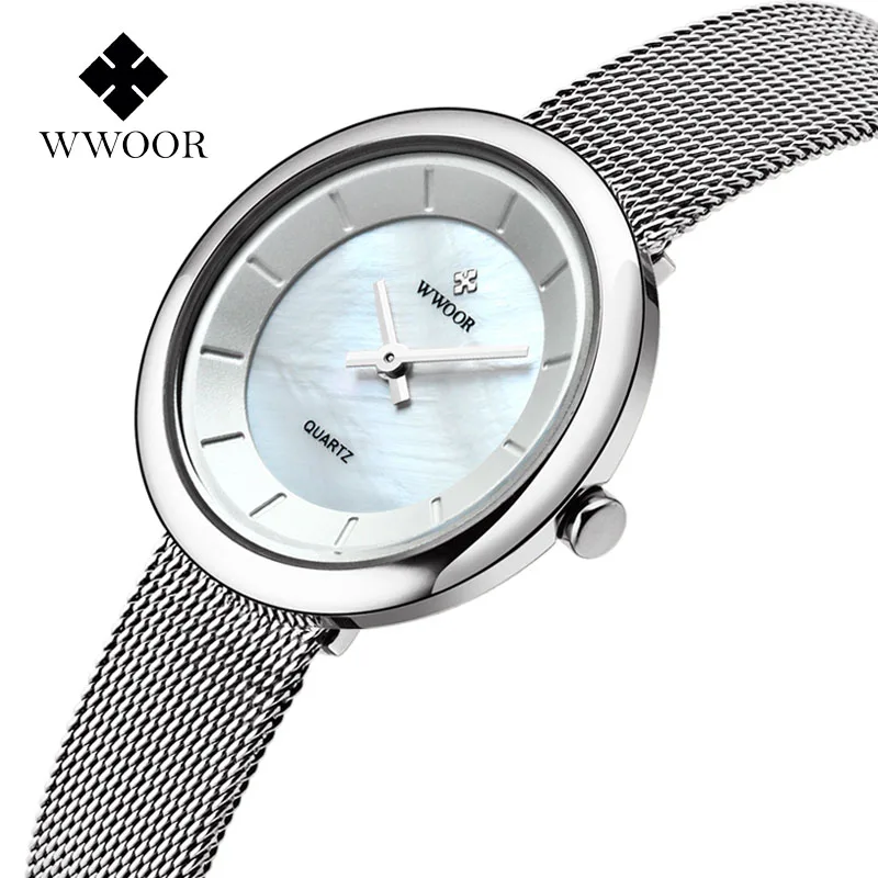 WWOOR, элегантные Брендовые женские часы из розового золота,, Montre Femme, модные женские часы с браслетом, ультратонкие кварцевые наручные часы Relogio - Цвет: Silver White