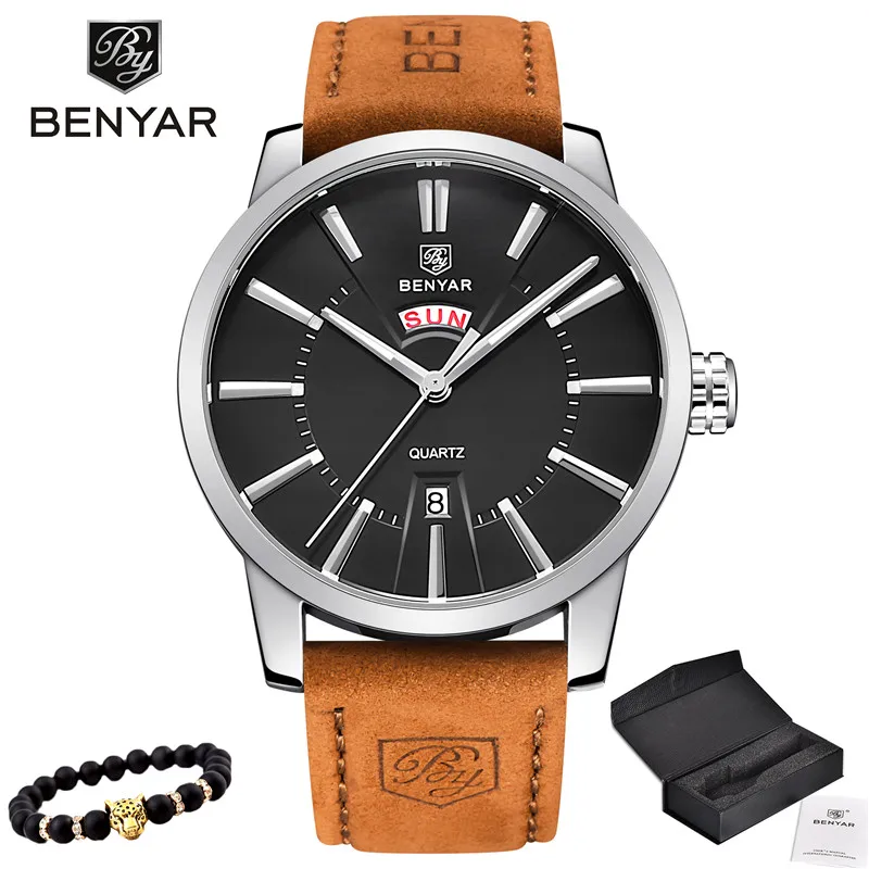 5101-Silver black Новинка, роскошные Брендовые спортивные мужские часы BENYAR, мужские кварцевые часы, мужские армейские военные наручные часы с кожаным синим ремешком, мужские часы - Цвет: 5101-Silver black