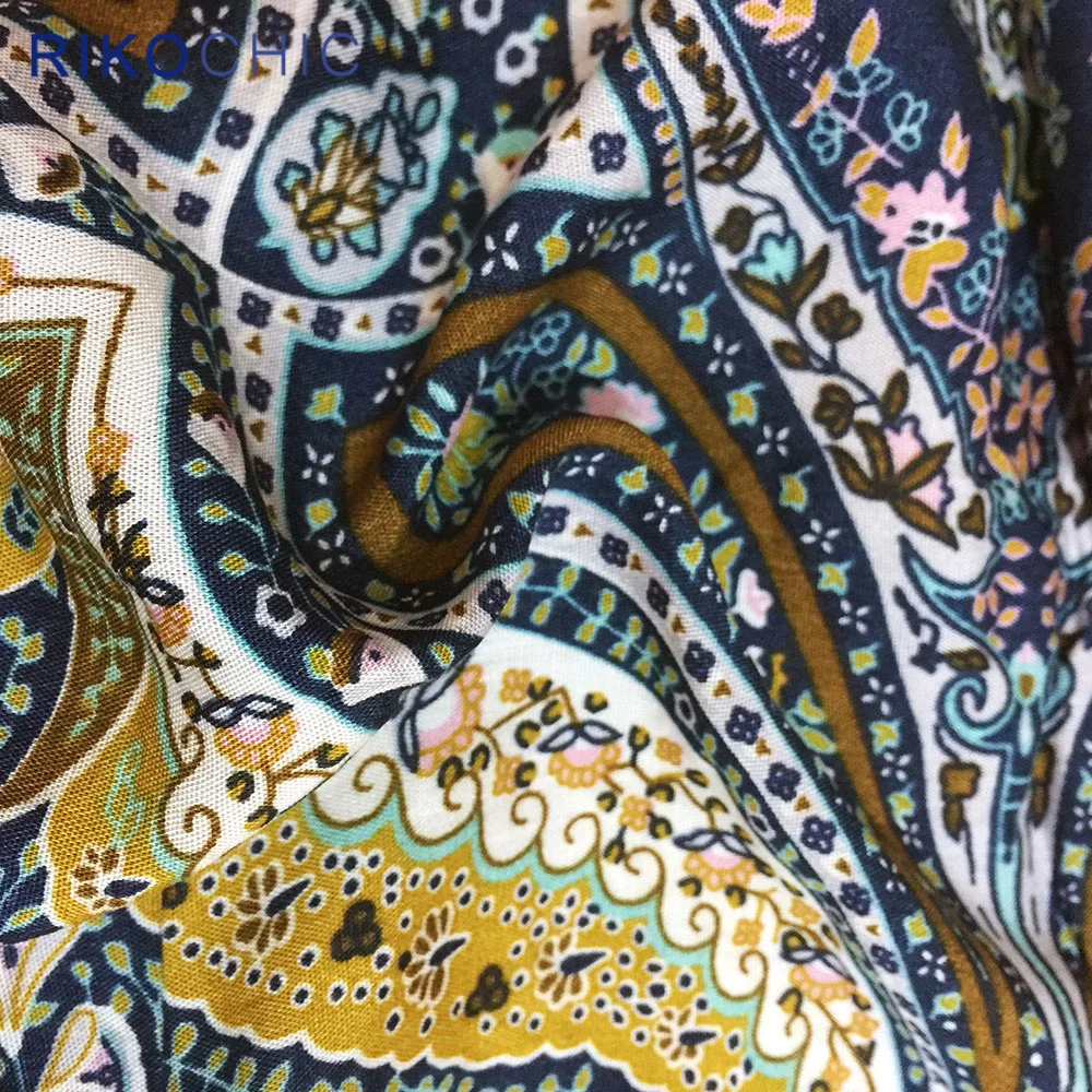 RIKOCHIC Bohemian Style Paisley Print Long Split Beach Dresses Women Sexy V neck Flare Sleeve Blue boho maxi C219 | Женская одежда