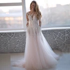 Романтическое розовое фатиновое свадебное платье с длинным рукавом 2021, кружевное платье с бисером и аппликацией, с глубоким вырезом и открытой спиной, свадебное платье для невесты