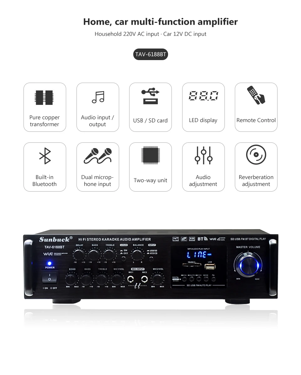 SUNBUCK автомобильный усилитель встроенный Bluetooth AV Разъем для усилителя-в карты USB 12 В 220 В домашняя Высокая мощность бас профессиональный аудио усилитель