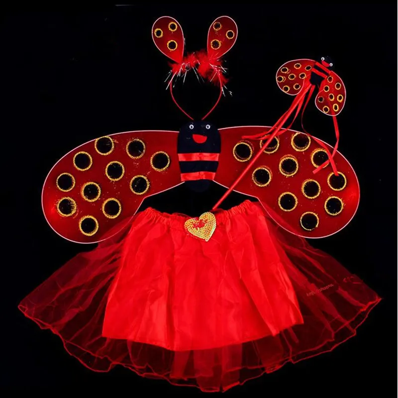 Kids Girls Bee Ladybug Headband Wing Fairy Wands Skirt Set Stage Performance Costume Cosplay Props Party Dress Decor Halloween |