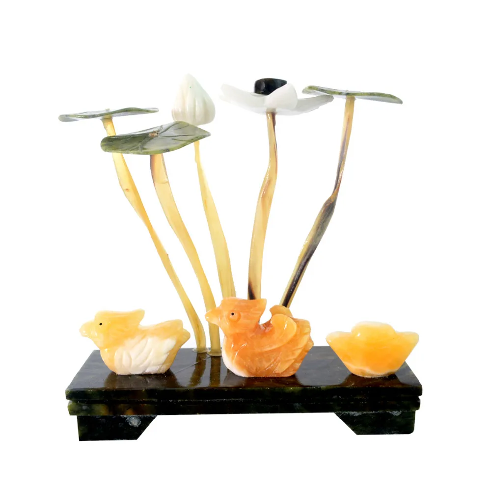 Фэн-шуй натуральный Нефритовый камень лотос растение W пара Мандарин утки-Любовь