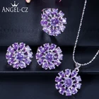 ANGELCZ романтический фиолетовый циркон камни цветок капля ожерелье серьги кольцо для женщин новейший серебряный цвет кристалл ювелирные изделия AJ005