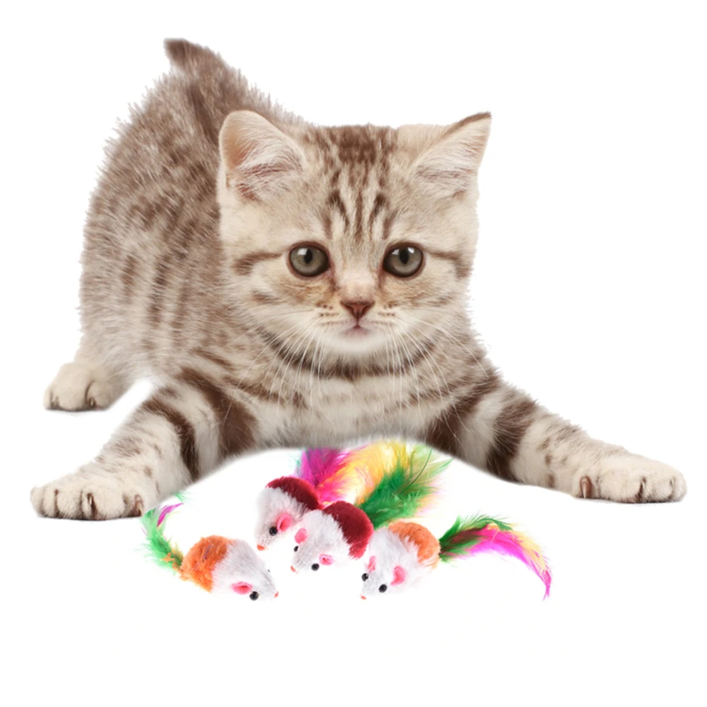 Оптовая продажа 20 ⑤ упак. ложная пушистая мышь игрушки для кошек красочное перо