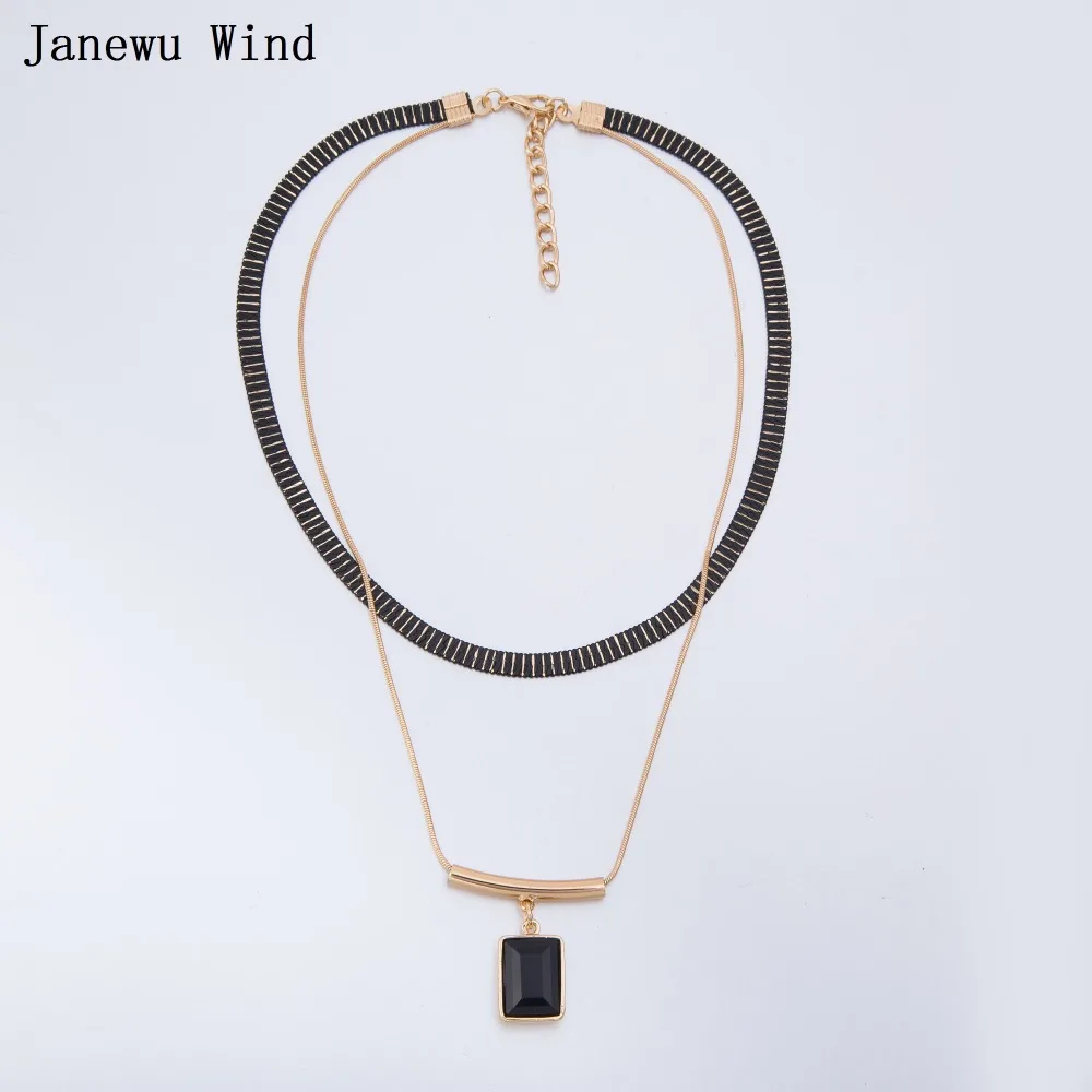 Janewu ветер квадрат черный кристалл кулон ожерелье женщин 2 слоя высокое качество