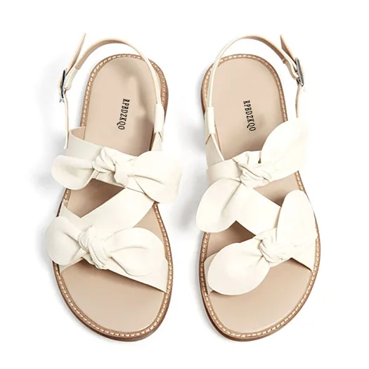 Белый Хороший Slingback белый милый женщины сандалии плоские лето ремень каваи обувь открытый носок день отдыха лук галстук-бабочка большой размер дизайнер квартира Лето - Цвет: Белый