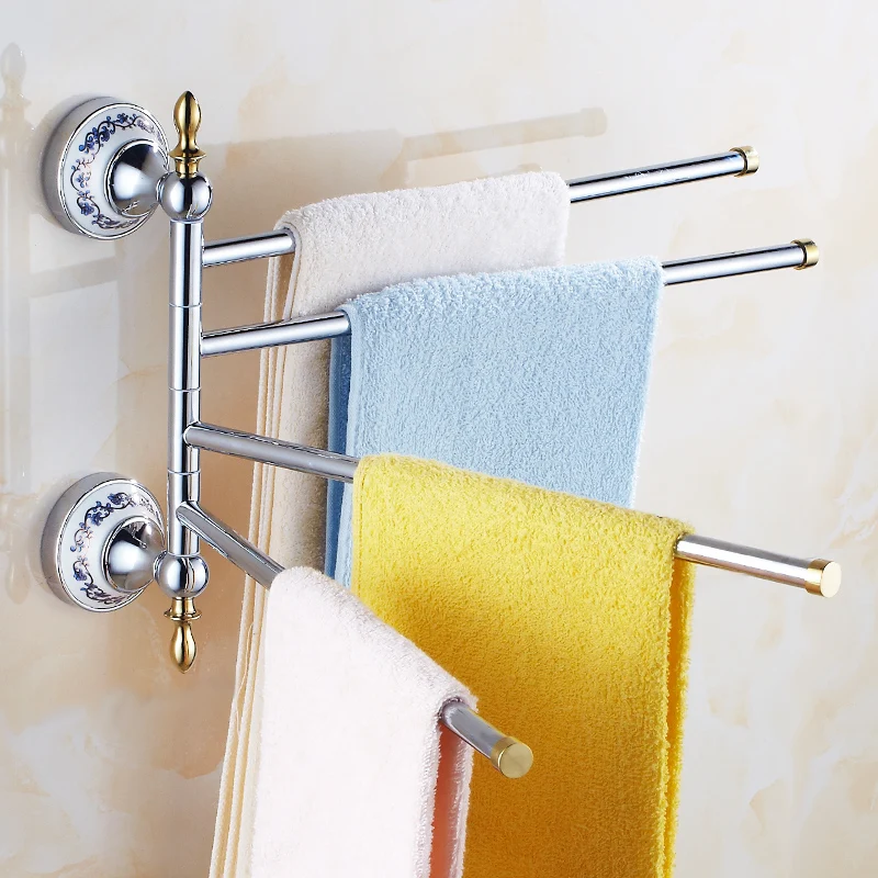 

European Gold Towel Rack 3/4 Rods Copper Bathroom Towel Bar Gold Rotary Activities Towel Hang Porcelain Bathroom Towel Holders