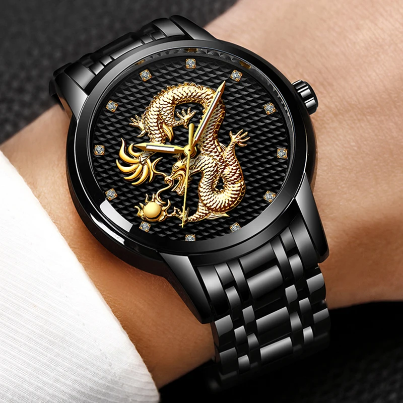 LIGE Лидирующий бренд роскошные золотые Дракон Скульптура кварцевые часы мужские