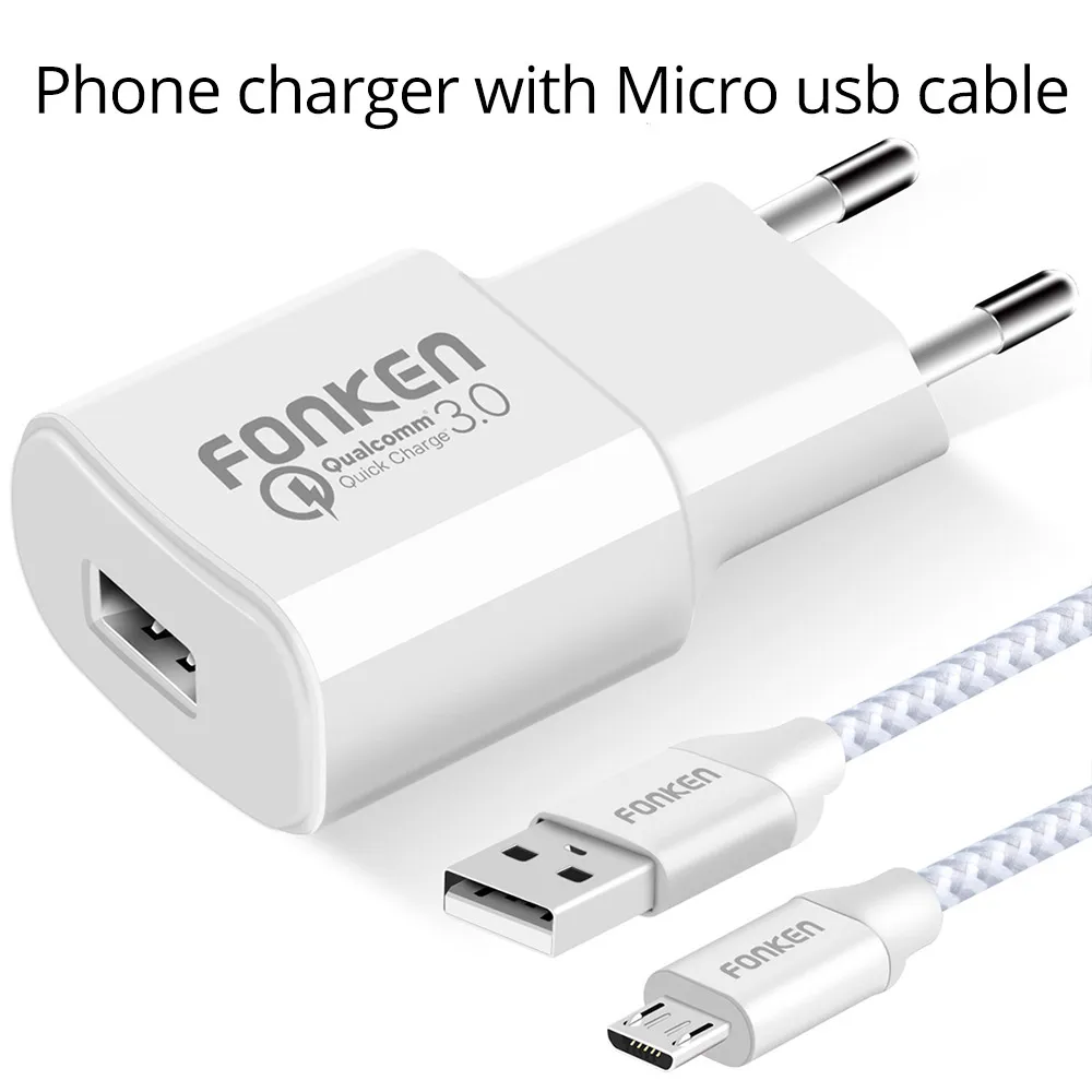 white with micro usb FONKEN Quick Charge 3,0 USB зарядное устройство Быстрая зарядка QC 3,0 2,0 18 Вт с быстрым зарядным кабелем настенный адаптер для мобильного телефона зарядное устройство s - Тип штекера: white with micro usb