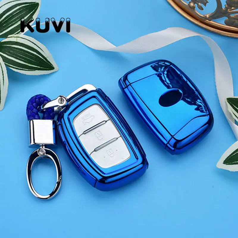 TPU высокого качества брелок в виде ракушки крышка чехол для hyundai Creta I10 I20 Tucson Elantra Santa Fe ключ чехол для ключей - Название цвета: blue with keychain