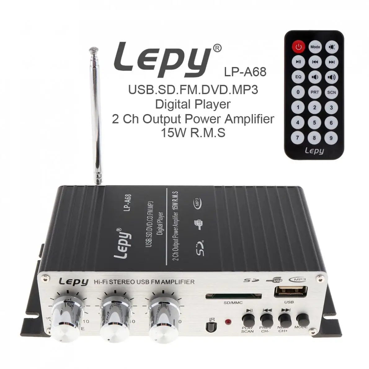 

LEPY LP-A68 15W x 2 2CH HI-FI Digital Audio Player Power Car Amplifier FM Radio Stereo Player Support SD USB MP3 DVD Input
