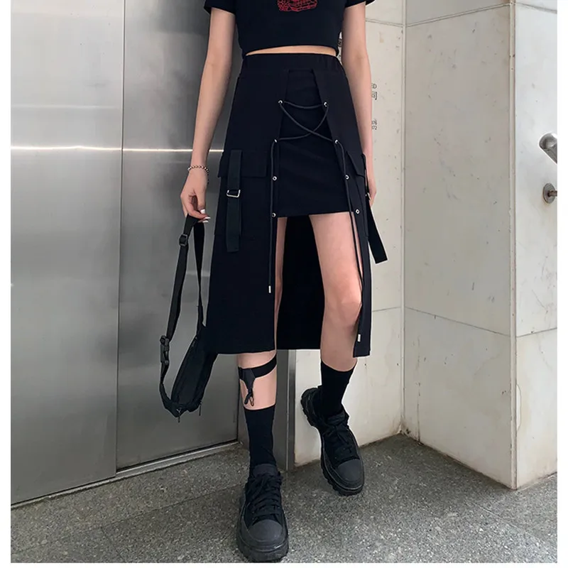 Черная Асимметричная юбка А силуэта в стиле Харадзюку с завышенной талией летняя