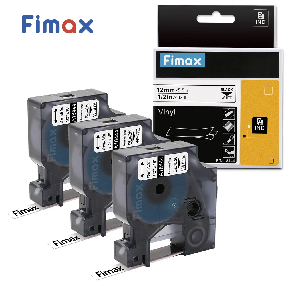 Fimax 3 шт. совместимый с DYMO Rhino IND виниловая этикетка 18444 черный на белом 12 мм RhinoPro для
