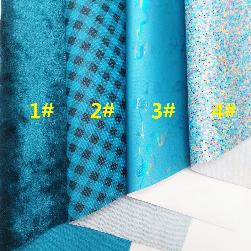 BLUE Glitter Fabric, Iridescent Flamingo Faux Leather Fabric, Synthetic Leather Sheets For Bows A4 8"x11" Twinkling Ming XM214 - Color: 1 set