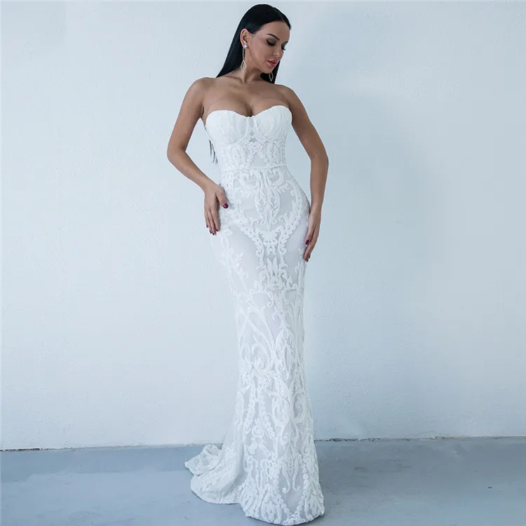 Tang Лето 2019 г. спинки Bodycon платье для женщин без бретелек длиной макси платья