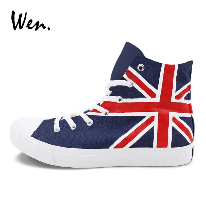 Wen Unisex Design Hand Painted Flag Shoes The Union Jack High Top Blue Canvas Sneaker Adult Boy Girl's Skateboard Footwear | Спорт и