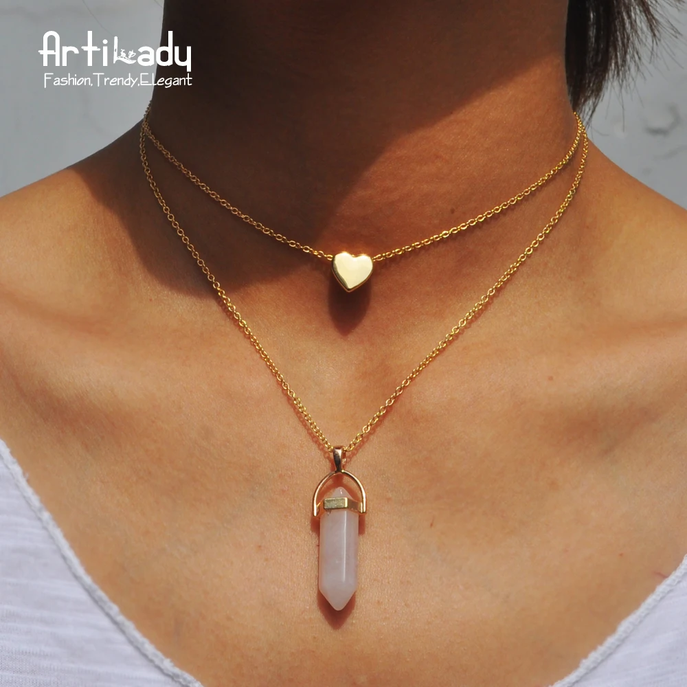Artilady натуральный розовый камень колье ожерелье модное сердце золотой цвет 2