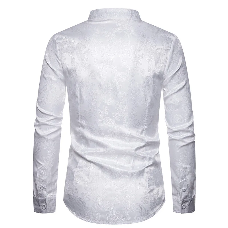 Mens Casual Luxury Print Dress Shirts Brand Mandarin Collar Paisley Jacquard Slim Shirt Party Wedding Club Social White | Мужская одежда