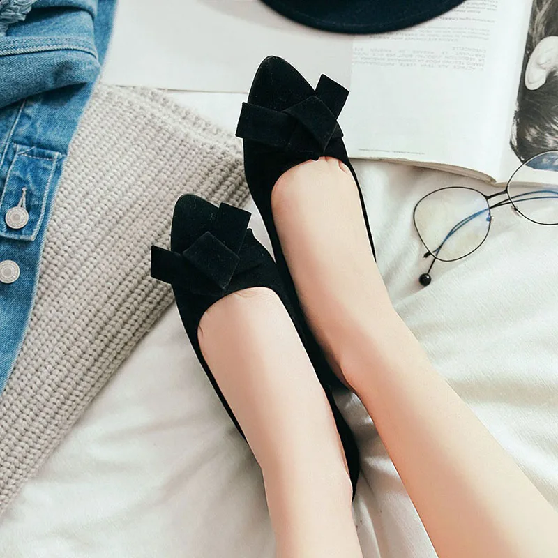 Women Flats Flock Shallow Slip on Cute Bow Woman Ballet Ballerina Female Flat Shoes Pointy Scrub Boat Plus Size 45 | Обувь
