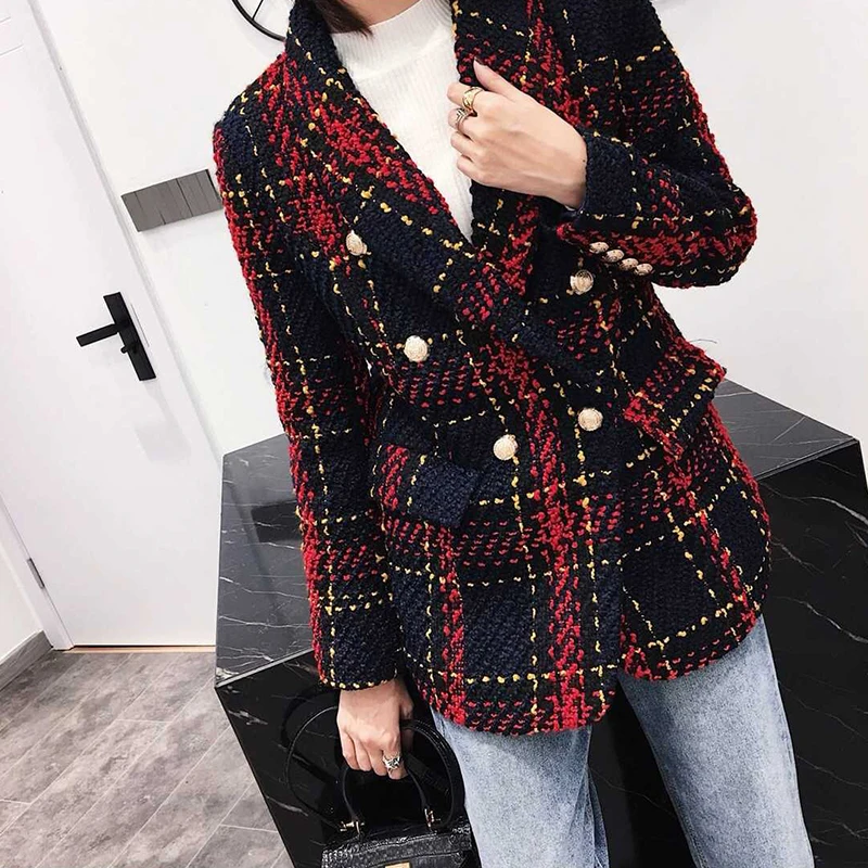 

New Tweed Plaid Blazer Women jackets Autumn Line Red Plaid Weave Double-Breasted Button Women Blazer Winter High Quality