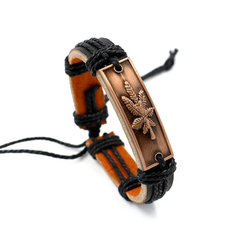 Кожаный браслет Женщина Мужчина Кленовый лист Ретро Женщины Мужчины Байкерские Пульсиры Masculina Пульсера Омбреццо Уомо Билеклик Эркек.