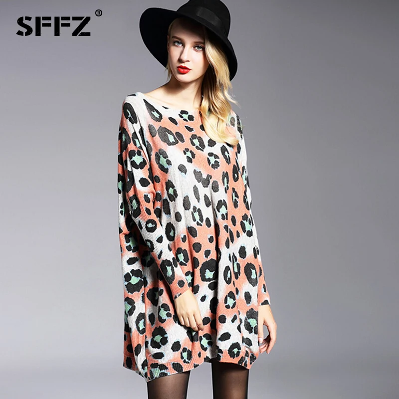 Женский Длинный свитер с леопардовым принтом SFFZ повседневный Трикотажный Свитер