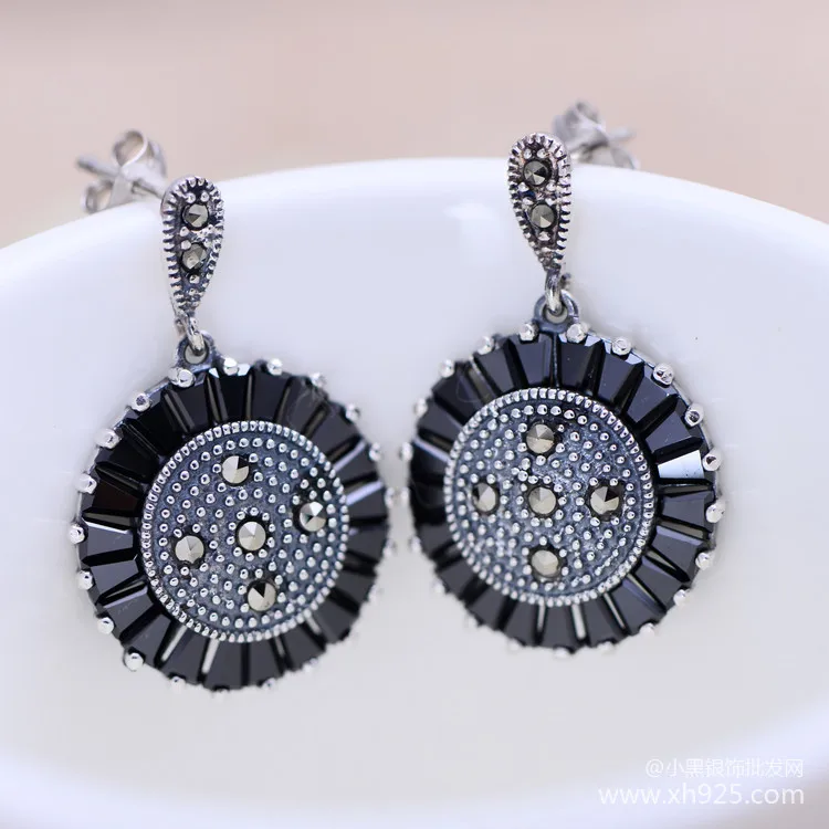 

KJJEAXCMY fine jewelry 925 Sterling silver jewelry retro black disc earrings for women