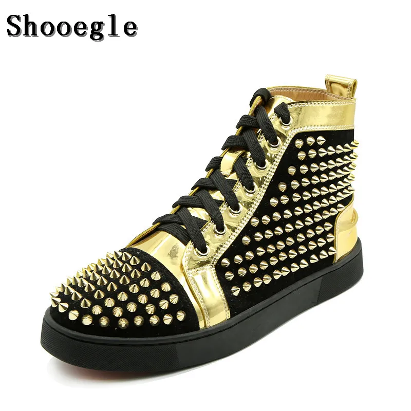 SHOOEGLE/Новинка Мужская обувь с заклепками Цвет черный золотой Модная на шнуровке