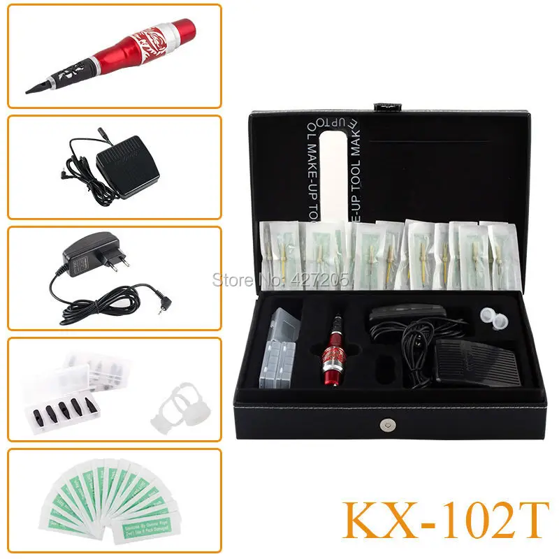 New KX-102T Top Professional Permanent Makeup Machine Tattoo Kit Red Dragon Machine Pen Needles Tips Power Supply Free Shipping