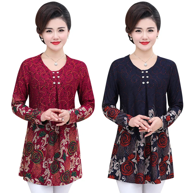 5xl floral top tshirt for women 2020 spring fall new plus size middle age mother long sleeve pullover casual loose bottom shirt | Женская