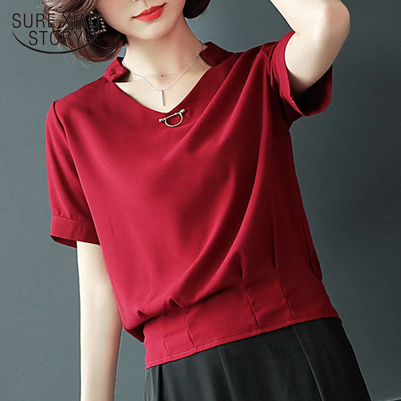 2018 женские блузки рубашки с коротким рукавом синий женская шифон одежда рубашка