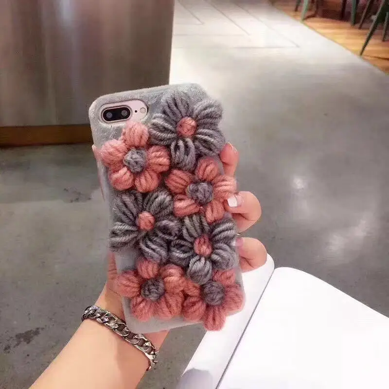Зимний теплый чехол для iPhone X 8 7 Plus из стереоскопической шерсти с цветком 6 6s
